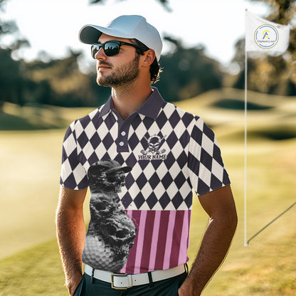 Golfer wearing custom black pink argyle skull golf polo shirt on the course