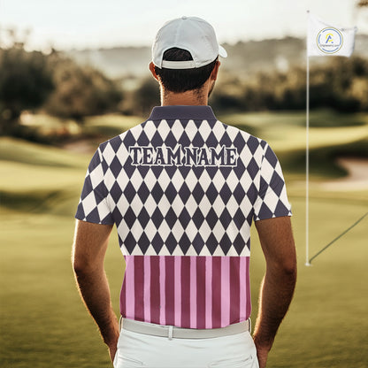 Man swinging golf club in custom black pink argyle skull golf polo