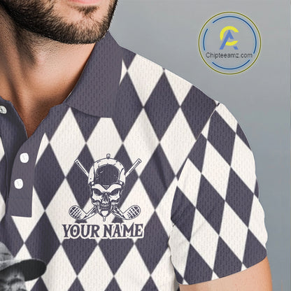 Close-up fabric of custom golf skull argyle pattern golf polo shirt with personalized name on the chest
