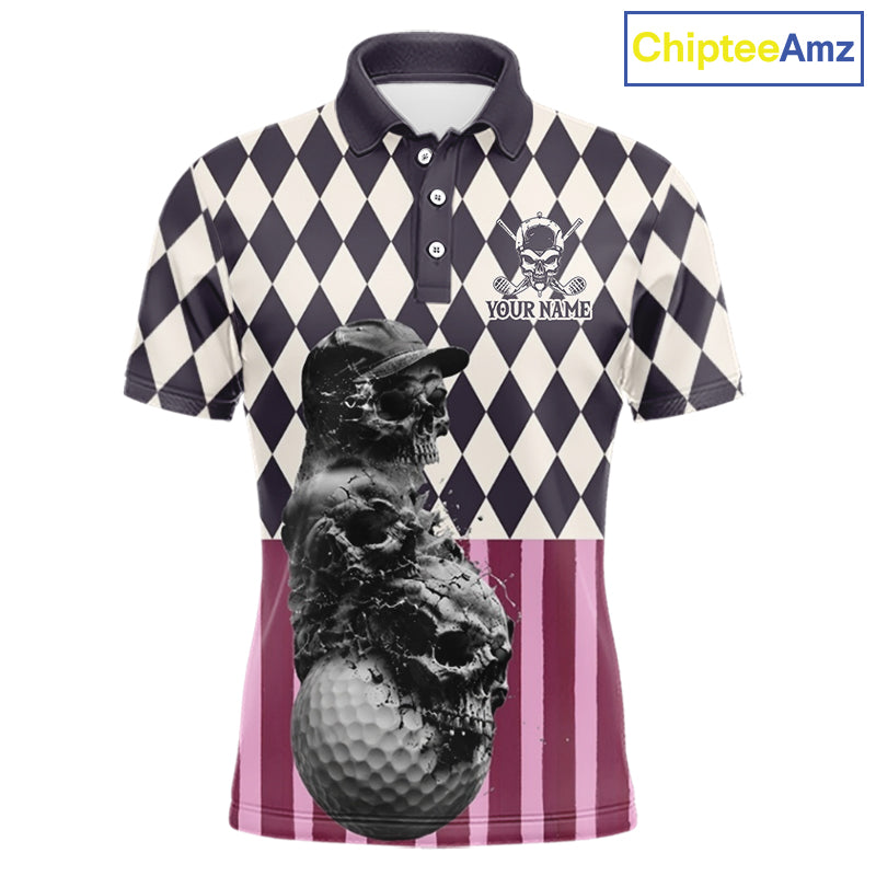 Front view of custom black pink argyle skull golf polo shirt for men
