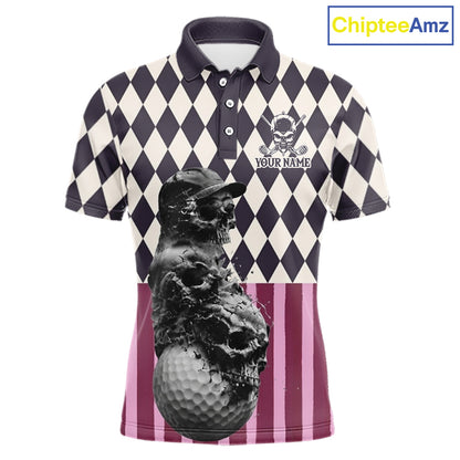Front view of custom black pink argyle skull golf polo shirt for men
