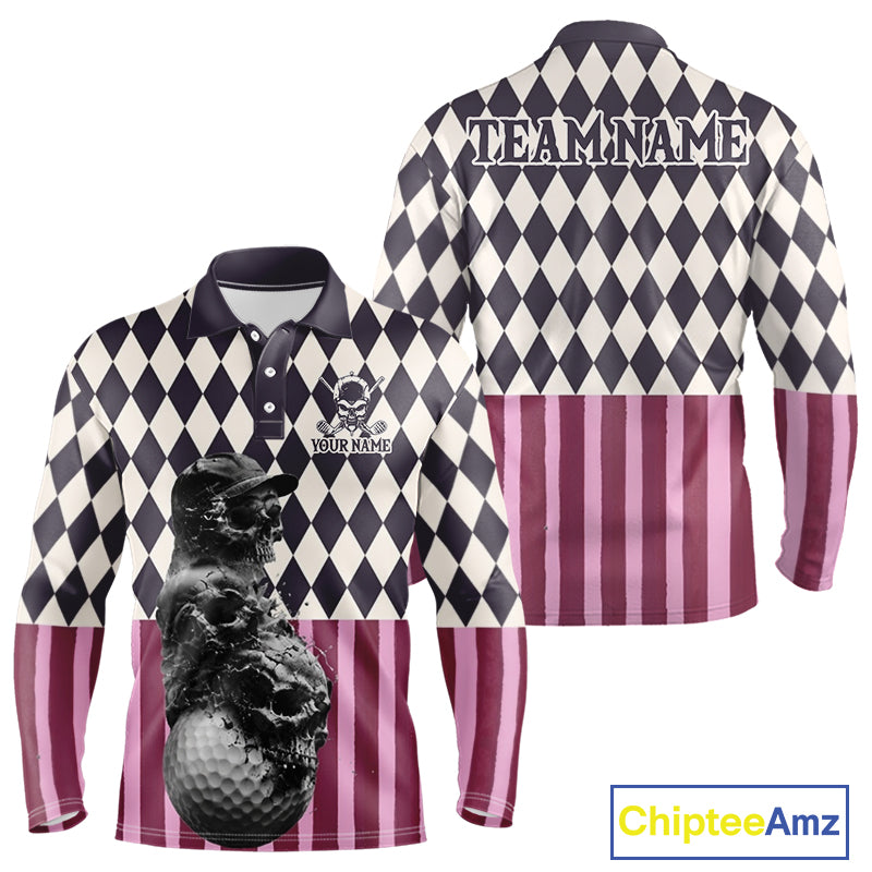 Golf polo shirt back design with black pink argyle pattern for men with custom name & team name