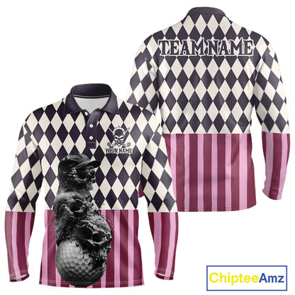 Golf polo shirt back design with black pink argyle pattern for men with custom name & team name