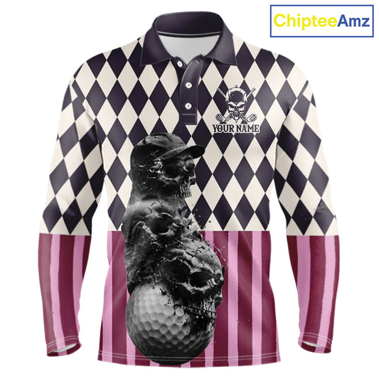 Mens custom long sleeve golf polo front design with black pink argyle and skull graphic