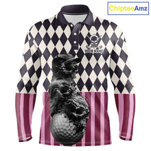 Load image into Gallery viewer, Mens custom long sleeve golf polo front design with black pink argyle and skull graphic