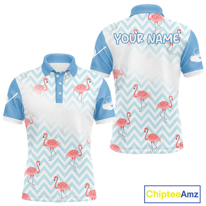 Custom flamingo golf polo shirt front and back design in blue and white with personalized name on the back