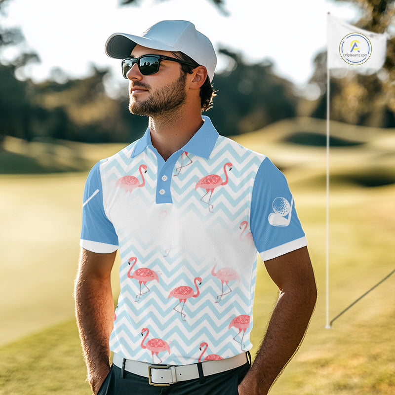 Golfer wearing funny blue and white flamingo golf polo shirt on the course