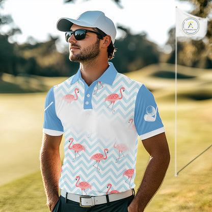 Golfer wearing funny blue and white flamingo golf polo shirt on the course