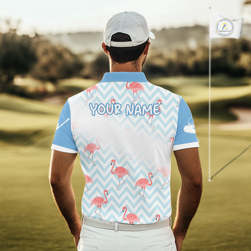 Man playing golf in custom flamingo golf polo shirt