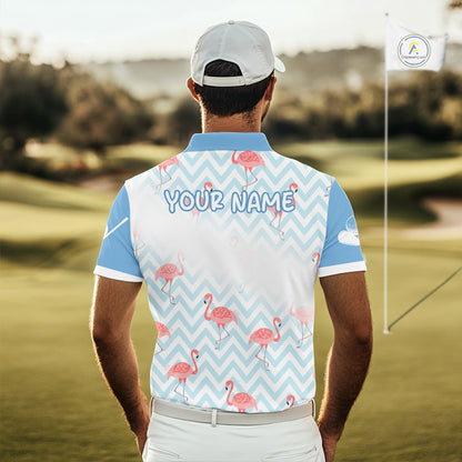 Man playing golf in custom flamingo golf polo shirt