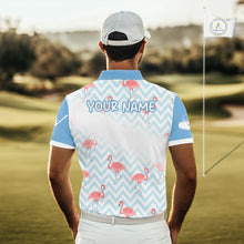 Load image into Gallery viewer, Man playing golf in custom flamingo golf polo shirt