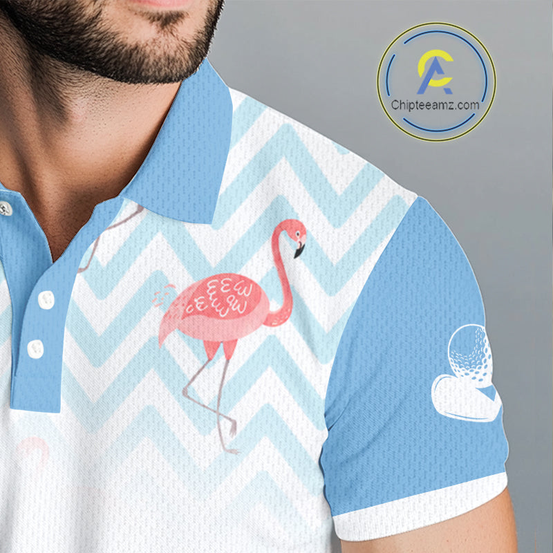 Close-up fabric of custom blue and white flamingo golf polo shirt 