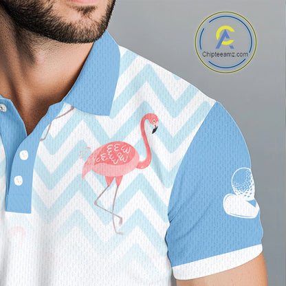 Close-up fabric of custom blue and white flamingo golf polo shirt 