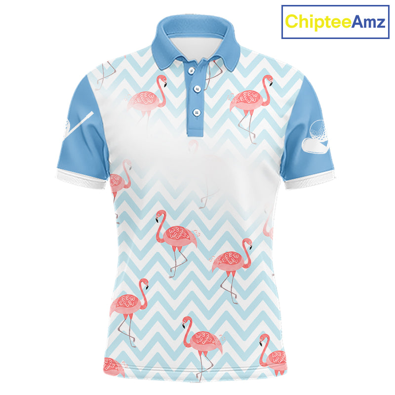 Custom flamingo golf polo shirt front design in blue and white 