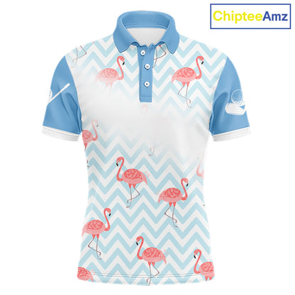 Custom flamingo golf polo shirt front design in blue and white 