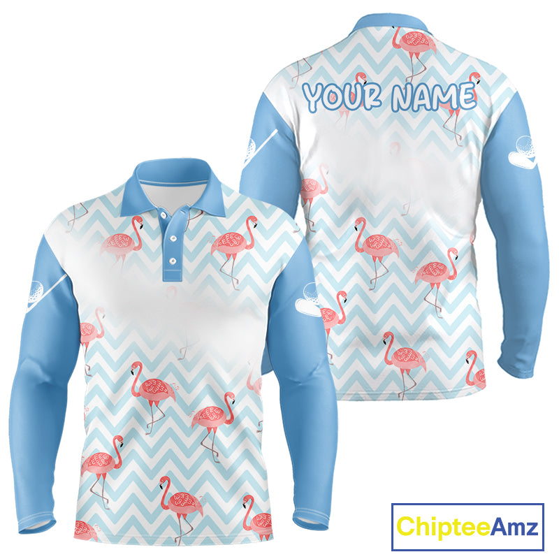 Custom flamingo long sleeve golf polo shirt front and back design in blue and white