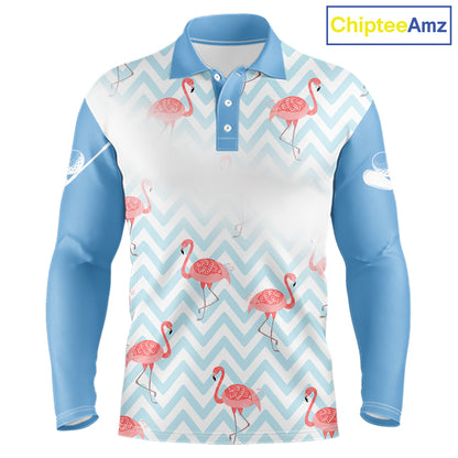 Custom flamingo long sleeve golf polo shirt front design in blue and white