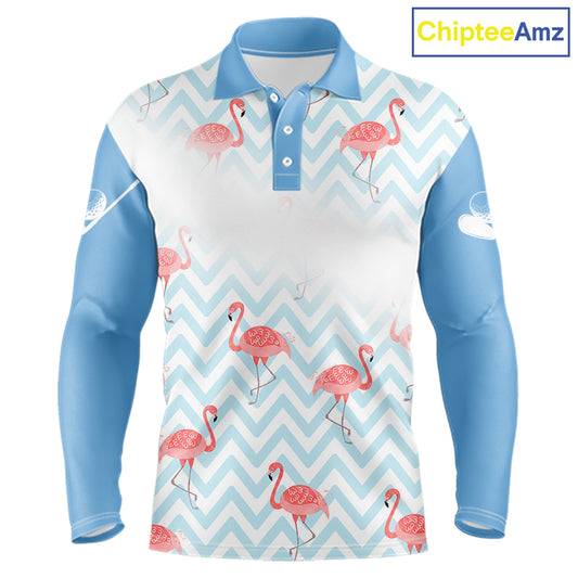 Custom flamingo long sleeve golf polo shirt front design in blue and white