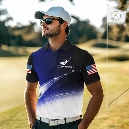 Golfer wearing blue golf ball American flag mens golf polo shirt on the course