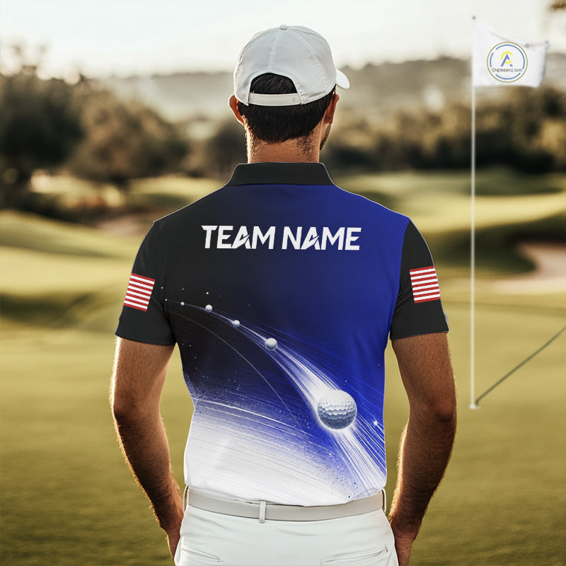 Golfer wearing blue golf ball American flag mens golf polo shirt on the course