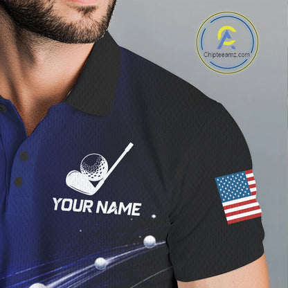 Close-up fabric of blue golf ball American flag mens golf polo shirt with personalized name on the chest
