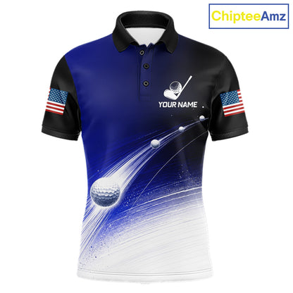 Front view of blue golf ball pattern American flag mens golf polo shirt