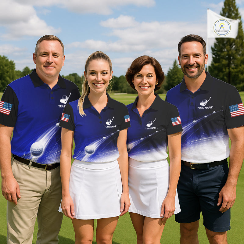 Mixed golf team wearing matching blue golf ball American flag golf polo shirts