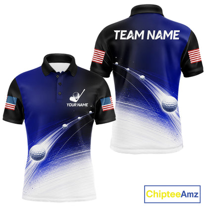 Front and back view of blue golf ball pattern American flag mens golf polo shirt with personalized name