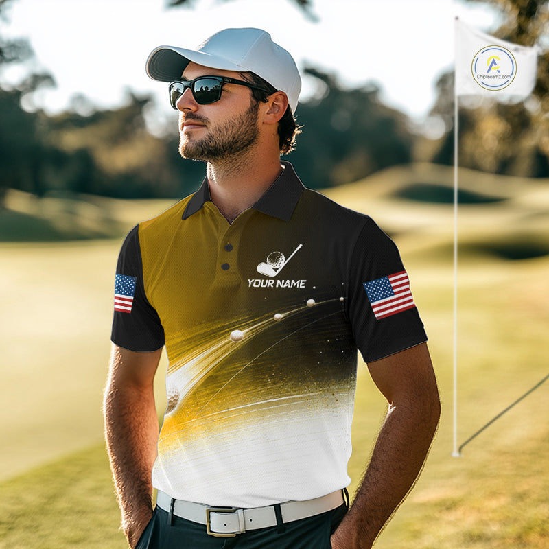 Golfer wearing blue golf ball American flag mens golf polo shirt on the course