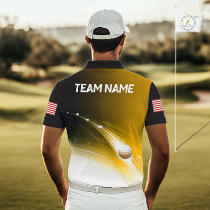 Golfer wearing blue golf ball American flag mens golf polo shirt on the course with personalized name on the back