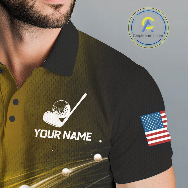 
Close-up fabric of yellow golf ball American flag mens golf polo shirt with personalized name on the chest
