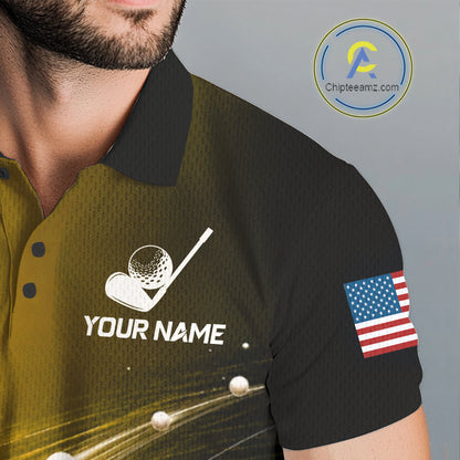 
Close-up fabric of yellow golf ball American flag mens golf polo shirt with personalized name on the chest
