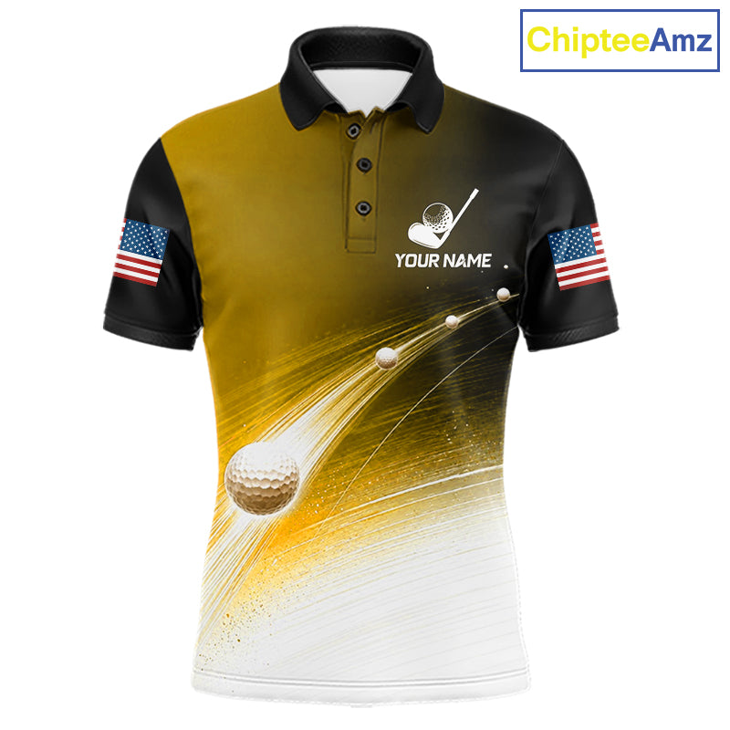 Front view of yellow golf ball pattern American flag mens golf polo shirt

