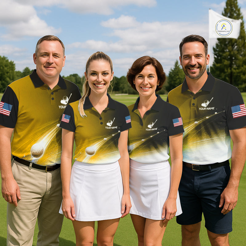 Mixed golf team wearing matching yellow golf ball American flag mens golf polo shirts