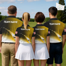 Load image into Gallery viewer, Four people wearing matching sgolf polo shirts with 'Team Name' printed on the back, standing on a golf course.