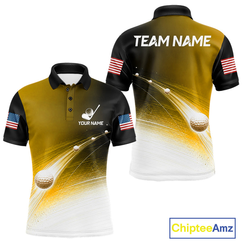 Front and back view of yellow golf ball pattern American flag mens golf polo shirt