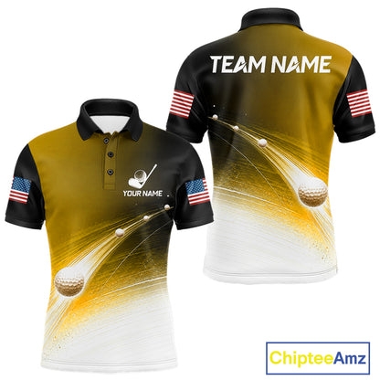 Front and back view of yellow golf ball pattern American flag mens golf polo shirt