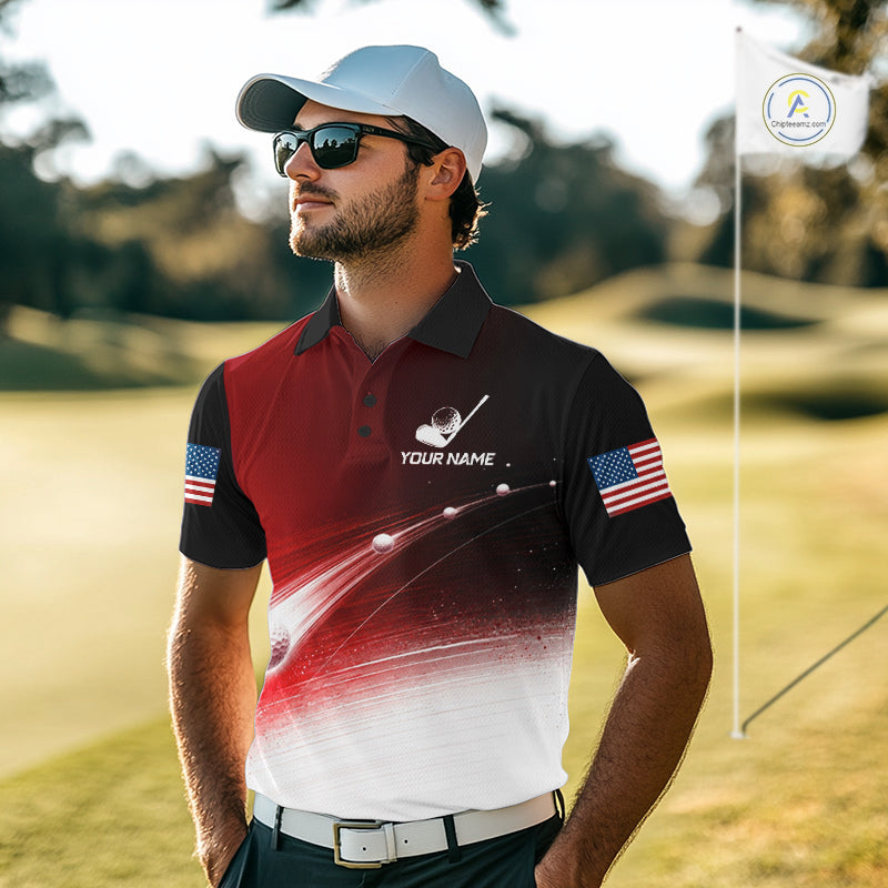 Golfer wearing red golf ball American flag mens golf polo shirt on the course