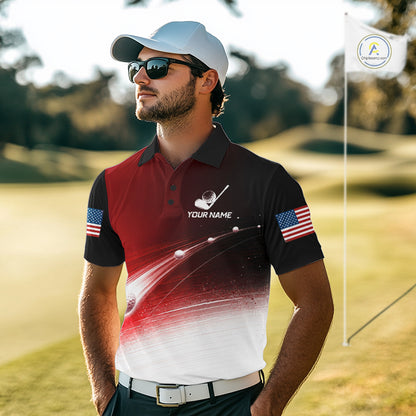 Golfer wearing red golf ball American flag mens golf polo shirt on the course