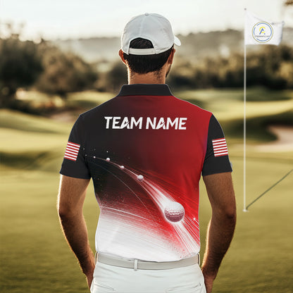 Golfer wearing red golf ball American flag mens golf polo shirt on the course with custom team name on the back