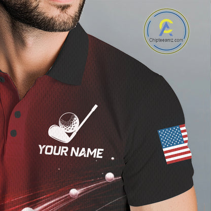 Close-up fabric of red golf ball American flag mens golf polo shirt with personalized name on the chest

