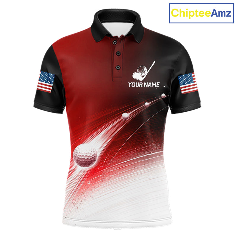 Front view of red golf ball pattern American flag mens golf polo shirt
