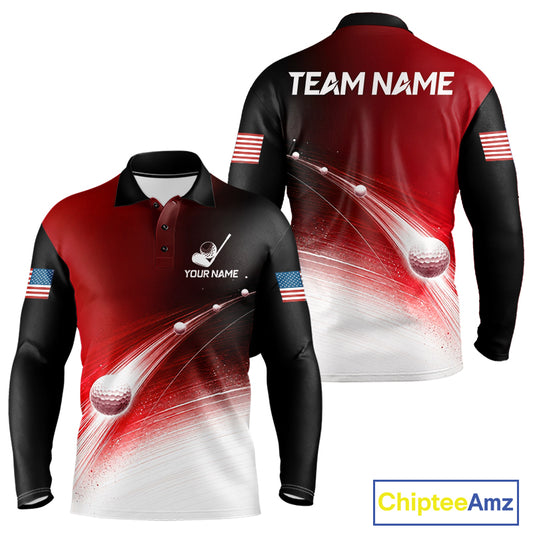 Front and back view of red golf ball pattern American flag mens long sleeve golf polo shirt