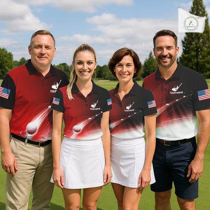 Mixed golf team wearing matching red  golf ball American flag golf polo shirts