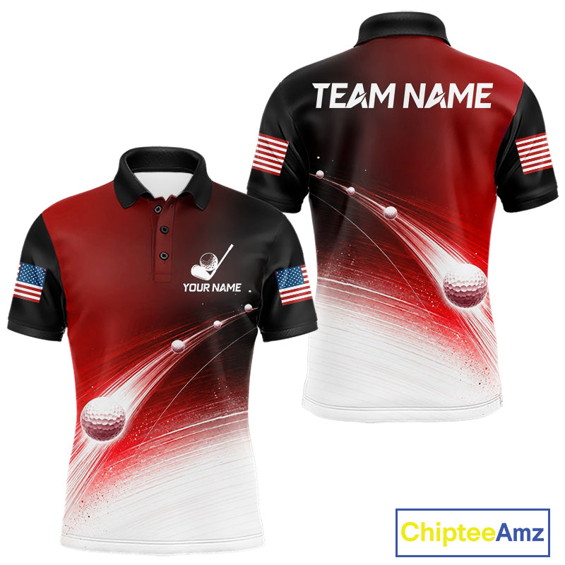 Front and back view of red golf ball pattern American flag mens golf polo shirt with personalized name 