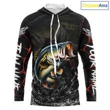 Load image into Gallery viewer, Front view of Bass Fishing camo long sleeve hooded fishing shirt UPF protection with personalized name 