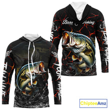 Load image into Gallery viewer, Front and back view of Bass Fishing camo long sleeve hooded fishing shirt UPF protection with personalized name 