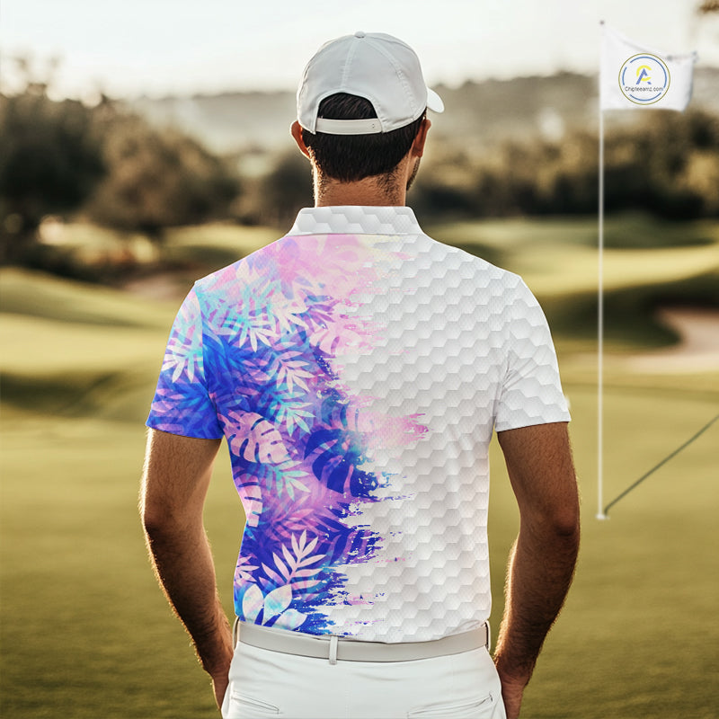 Mens Golf Polo Shirts Custom Hologram Tropical Leaves Golf Shirts, Mens Golf Tops NBT544