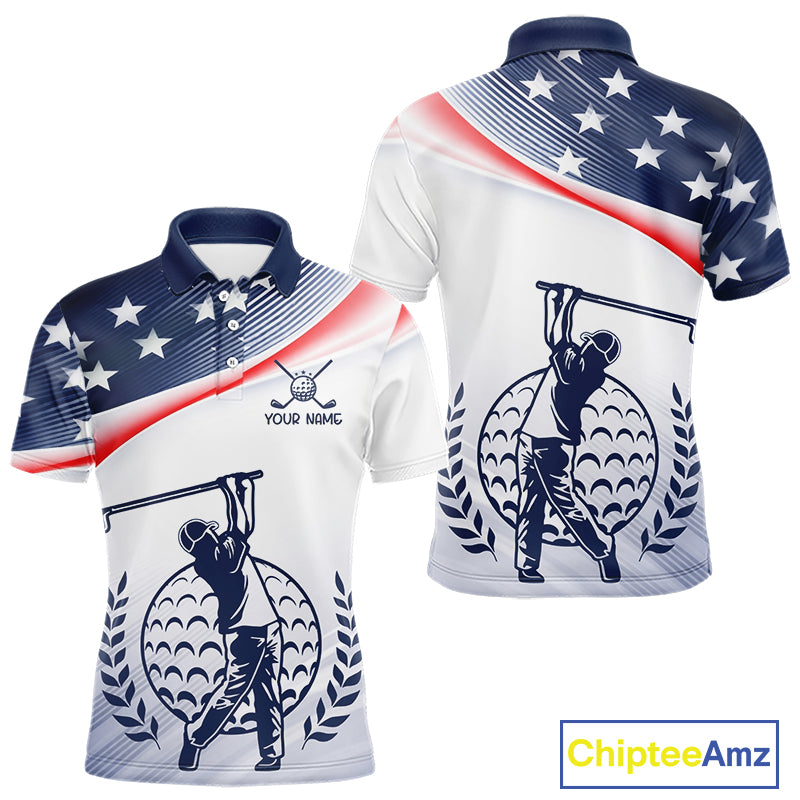 American Flag White Men Golf Polo Shirts Custom Patriotic Mens Golf Top, Golf Gifts NBT547