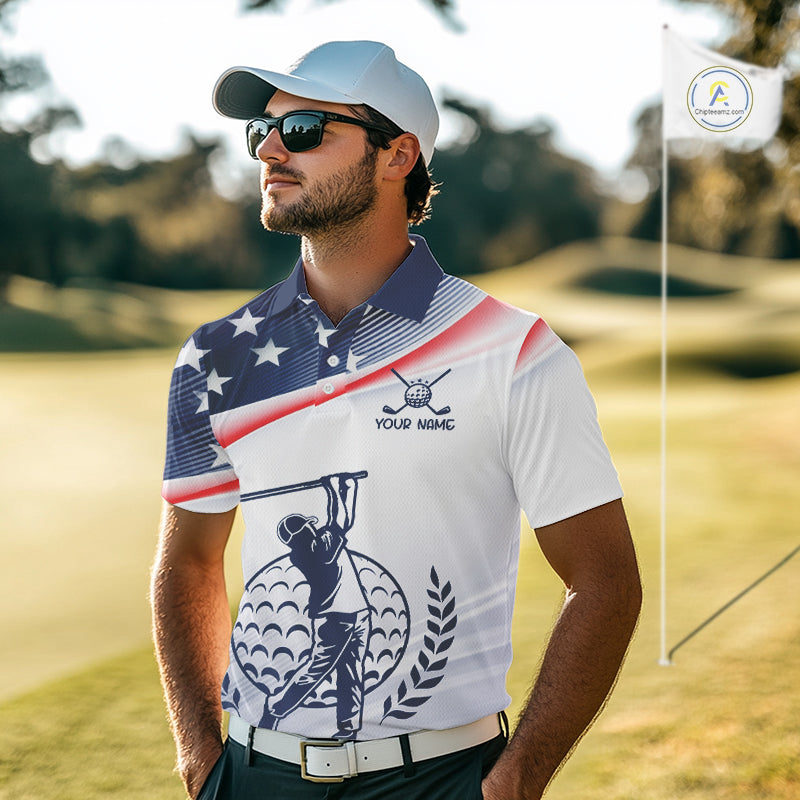 American Flag White Men Golf Polo Shirts Custom Patriotic Mens Golf Top, Golf Gifts NBT547